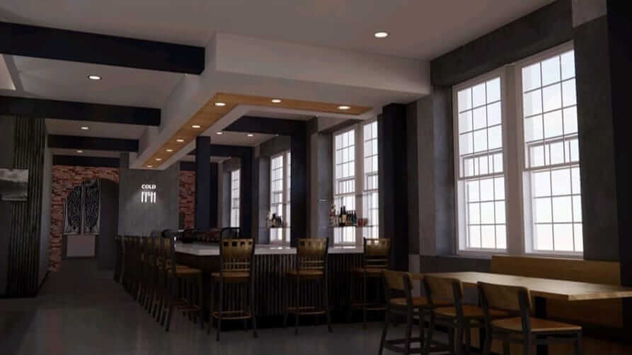 Mock-up of the restaurant's interior, which features bar-style seating, a red brick wall, and tall windows.