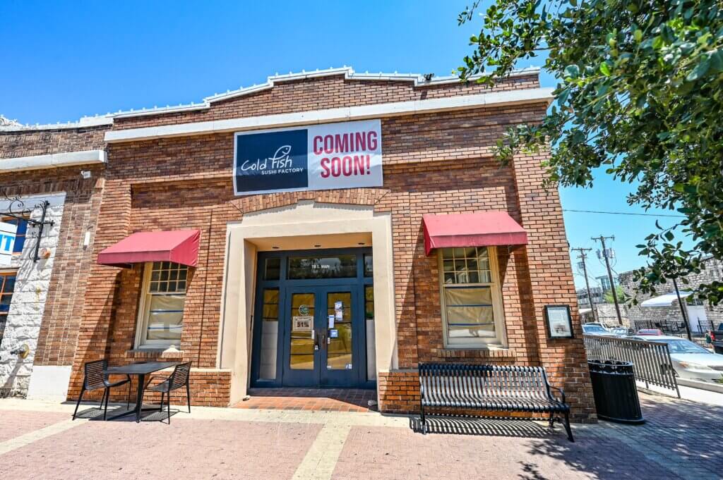 Front of Cold Fish Sushi Factory building, which is located on a corner of Downtown Round Rock.